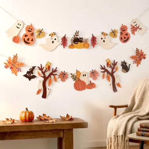 Image of Halloween Fall Decorations - 2PCS Cute Little Ghost and Pumpkin Maple Leaves Paper Banner Bunting