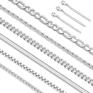LOLIAS Silver Chain Necklace for Men Women – 6Pcs Stainless Steel Cuban Link/Rope/Box/Figaro/Herringbone/Wheat Chain Layered Stacked Necklace Set 16/18/20/22/24 Inches