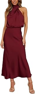 Hatant Satin Maxi Dress for Women Silk Wedding Guest Dress Maxi Dress Sleeveless Elegant Halter Neck Wrap Cocktail Dress