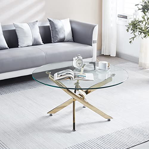 Round Glass Dining Table, Glass Kitchen Table with Clear Tempered Glass Top &4 Gold Chrome Legs, Modern Glass Dininer Table Dining Room Table for Dining Room Kitchen (Gold-M)