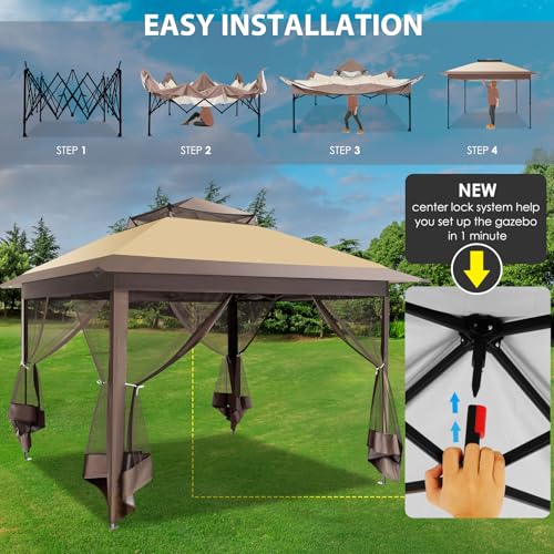 Image of COBIZI Pop Up Gazebo 12x12 Canopy Tent, Outdoor Screened Gazebo Shelter with Mosquito Net,Carpas para Patio, Shade for Lawn, Garden, Backyard and Deck, Brown(Upgraded 2.0)