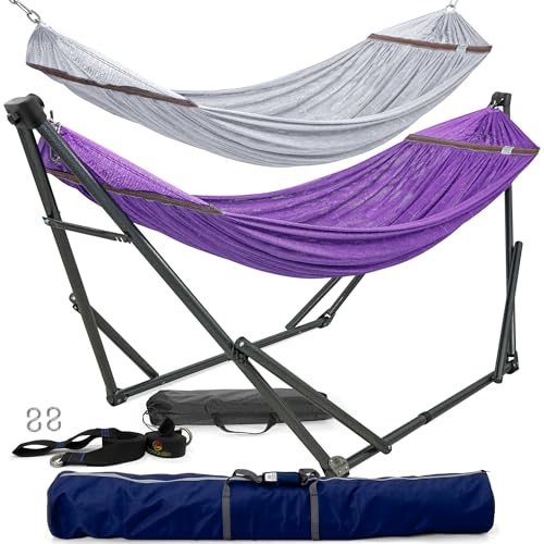 Image of Tranquillo Combo x2 Hammocks with Stand for Outside & Tree Straps, Heavy Duty Hammock with Stand 600lbs for Indoor Outdoor Patio Backyard, x2 Hammocks for 2 Person (Combo - Purple, Medium)