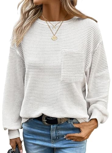 Waffle Knit Tops Women Long Sleeves Business Shirts 2025 Crewneck Basic Sweatshirts Casual Trendy