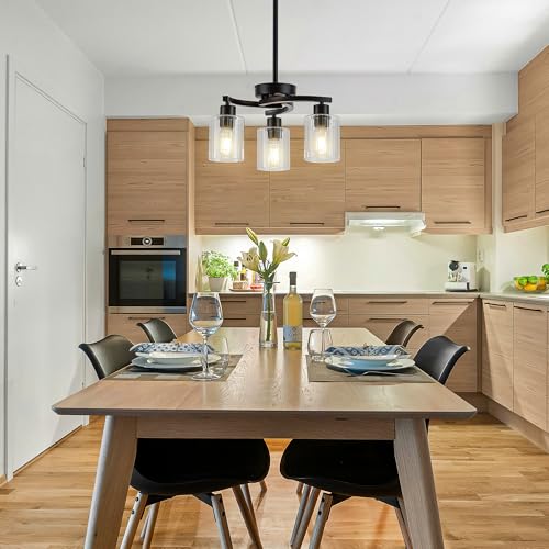 SHIGUANG Black Chandelier, 3 Light Chandeliers for Dining Room Light Fixtures Over Table, Industrial Hanging Pendant Lighting with Glass Shade for Kitchen Island Farmhouse Entryway