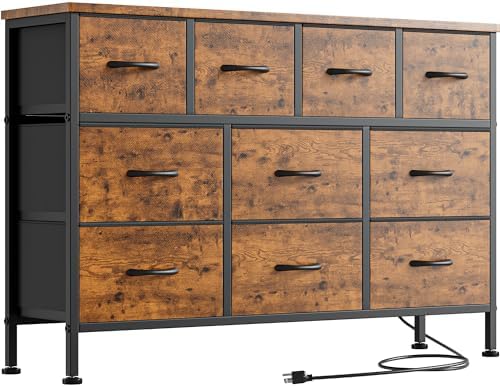 YaFiti Dresser TV Stand with Power Outlet, 43″ Long Dresser for Bedroom with 10 Fabric Drawers, Chest of Drawers for Living Room, Hallway, Nursery (Rustic Brown)