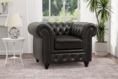 Sillón clásico negro de cuero con respaldo capitoné miniatura 6