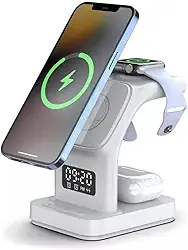 Base de Carregamento Sem Fio 5 em 1 Compativel Com iPhone e Android, Fones Bluetooth e Apple Watch Despertador Luminária. (Branco)