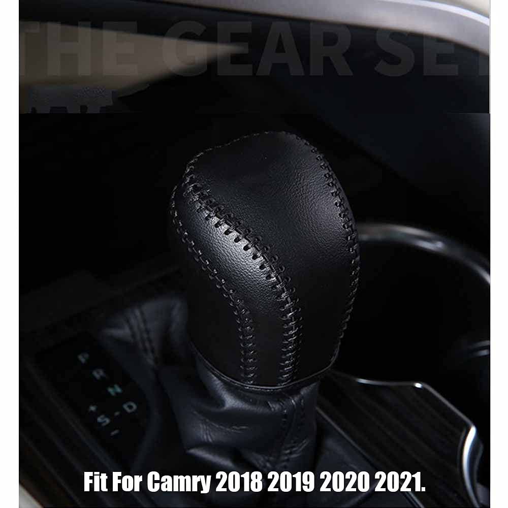 Rifoda for Camry Leather Gear Shift Knob Cover Trims Fit for Toyota Camry 2018 2019 2020 2021 Interior Accessories Protective Cover Decoration Black Leather with Black Thread