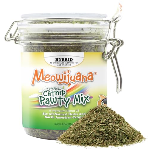 Meowijuana Catnibas Catnip Pawty Mix Jar | Premium Cat Nip for Cats with Silvervine Passion Flower Chamomile Dandelion & Valerian Root | High Potency Catnip | 60g