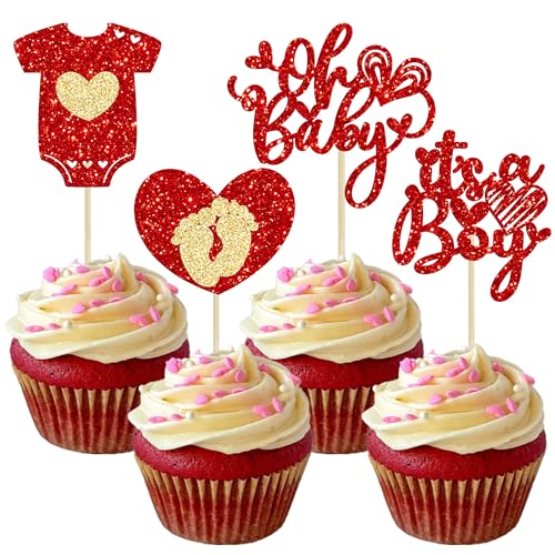 Ephlyn 24Pcs Happy Valentine's Day Oh Baby Cupcake Toppers Glitter Baby Feet Onesie Heart It's a Boy Cupcake Picks for Baby Shower Birthday Party Cake Decorations Supplies Red