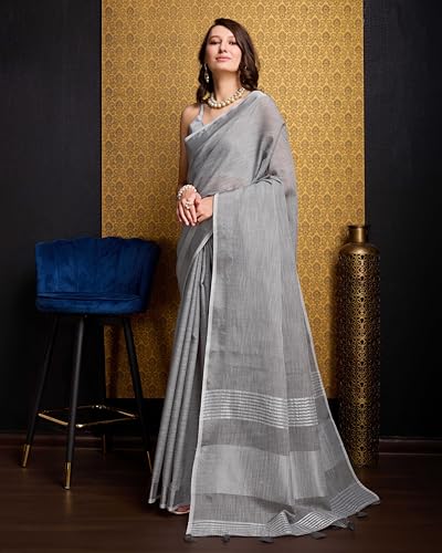 Image of SWORNOF Women's Linen Cotton Silk Saree with Unstitched Blouse Piece | Saree for Women | Saree with Blouse Piece | Soft and Skin Friendly