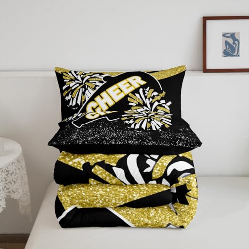 Image of Feelyou Yellow Glitter Cheer Comforter Set Toddler Size Dreamy Girly Gymnastic Sports Comforter for Kids Boys Girls Gymnastics Lovers Bedding Set Cheer Sports Duvet Set Room Decor Quilt