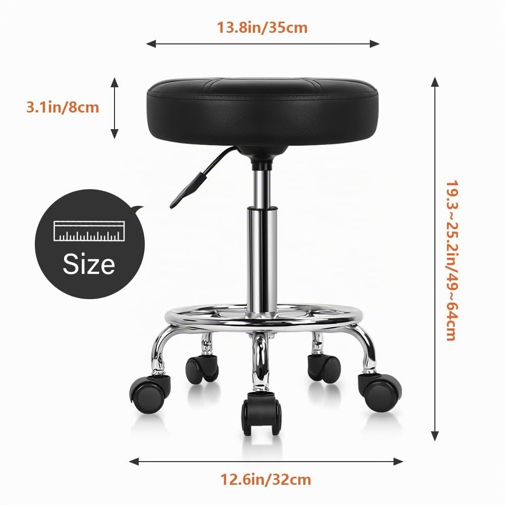 KKTONER Tabouret de Bureau Tabouret de Travail à roulettes d'atelier réglable 49-64cm en Cuir synthétique Noir