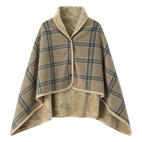 El Mejor Listado de Chales para Mujer de esta semana. 42 Chal a cuadros para mujer, con forro polar, poncho con botones, cálido, térmico, grueso, suave capa, Beige, M