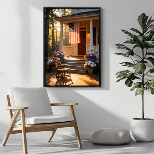 Image of American Flag Framed Canvas Wall Art, 4th of July Floral Canvas Prints, Summer Cottage Landscape Patriotic Decorations, Vintage Independence Day Wall Decor for Bedroom Living Room Office 16x20
