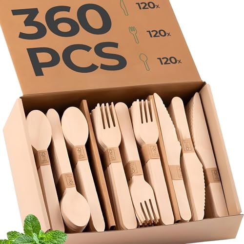 360 PCS Wooden Disposable Cutlery Set – 120 Forks, 120 Knives, 120 Spoons, Compostable Utensils & Plastic-Free Flatware for Party, Camping & Wedding