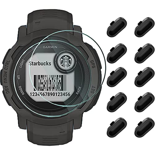 (12 Packs) Miimall Compatible Garmin Instinct 2 Solar/Instinct 2 Screen Protector, Tempered Glass 2.5D 9H Hardness Film+Black Silicone Dust Plugs Bubble-Free Screen Protector for Garmin Instinct 2