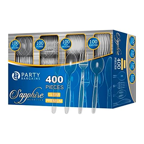 Party Bargains Disposable Cutlery Set Color: Clear Sapphire 400 Pcs: 100 Teaspoons, 100 Soupspoons, 100 Knives, 100 Forks, Heavy Duty Disposable Silverware Utensils Set for Wedding, Buffet, Luncheon Cover