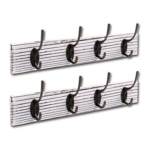 Coat Hooks Wall Mounted Set of 2,White Rustic Wood Coat Rack with 8
