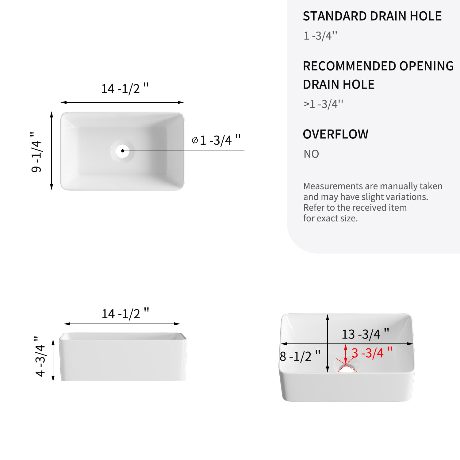 Fregadero de baño pequeño sobre la encimera: Fregadero de recipiente retangulado de 14 ″ x 9 ″, fregaderos  White Bowl para baños, lavabo de porcelana de cerámica pequeño lavabo de tocador 7