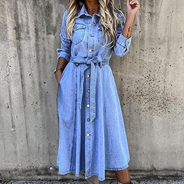 KADJOE Lange Mouw Jurk Single-Breasted Hoge Taille Denim Jurk Krimpbestendig Revers Riem Vrouwen Midi Jurk Streetwear