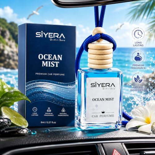 Image of SiYERA Premium Car Perfume Hanging Pod | 10ML | Ocean Mist Fragrance Car Air Freshener | Natural Essential Oils in Glass Bottle with Wooden Diffuser Lid | Lasts Up to 45 Days