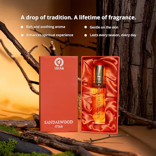 Image of Tatha Luxury Sandalwood Attar Original| 100% Pure Sandalwood Perfume for Man & Women| Natural Chandan Attar Roll-On| Calming, Long-Lasting Fragrance | 10ML Pack| Sandalwood Oil Without Alcohol