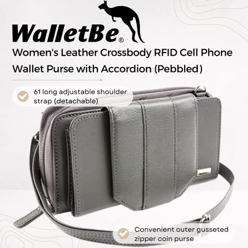 Women's Wallet RFID Cell Phone Purse Leather Crossbody with Accordion Pebbled Slate2