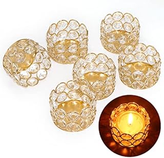 Tea Light Candle Holders, PChero Set of 6 Crystal Gold Votive Candle Holders Metal Tealight Holder Centerpiece for Wedding Christmas Home Decoration