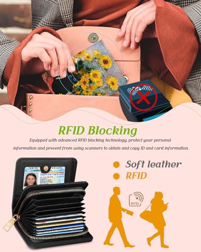 Image of Bistup Leather 12 Slot Accordion Card Holder Wallet, Cat Sunflower | Accordion Storage, Zipper Around Closure, Compact Patterned Wallet for IDs, Cards, Cash, Daily Carry and Gifts