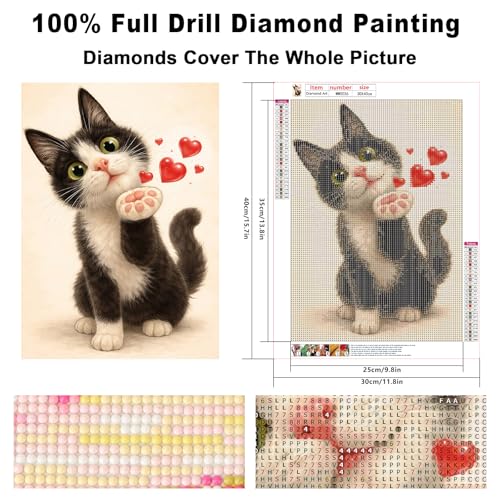 Image of Romantic Diamond Paintings Kits for Beginners, Full Round Drill Diamond Arts Kits for Adults, Cat Greeting Paint by Diamond, 5D DIY Diamond Painting Dot Gem Art, for Home Wall Decor 12x16 Inch