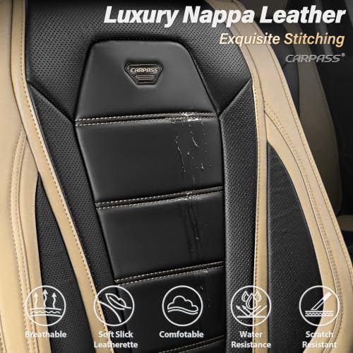 Image of CAR PASS Nappa Leather Car Seat Covers Full Set Faux Leather, Black Beige