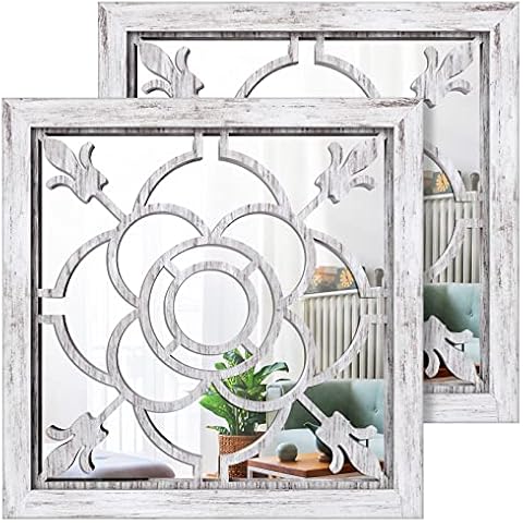ART-GIFTREE Square Mirror Wall Decor 2PCS, Farmhouse Indoor/Outdoor Wall-mounted Mirrors 12x12 inches for Living Room, Hallway, Entryway, Garden Mirrors Outdoor for walls(Shabby Whitewashed Wood) Cover