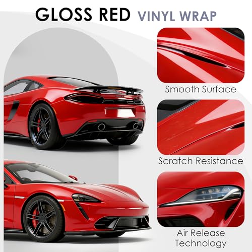 Image of 3ft x 5ft Gloss Red Car Vinyl Wrap, Car Wrap Vinyl Roll for Cars Body Protection, Scratch Resistance with Air Release Technology (Gloss Red)