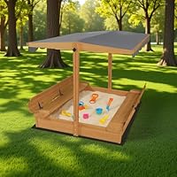 Large Wooden Outdoor Sandbox with Lid Cover Adjustable Canopy Foldable Bench Seat Bottom Liner Sand Box for Garden Patio Beach Backyard Play Sand Pit Aged 3-12 Years Old 48x48in