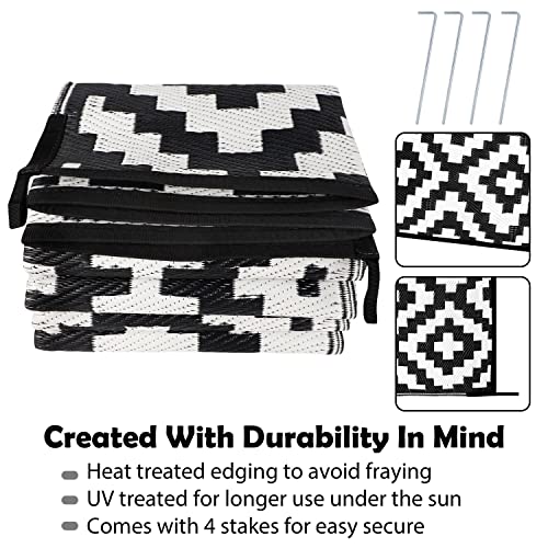 SAND MINE Waterproof Outdoor Rug 6x9 ft, Reversible Mats, Modern Area Rug, Large Floor Mat and Rug for Outdoors, RV, Patio, Backyard, Deck, Picnic, Beach, Trailer, Camping, Black & White Lattice