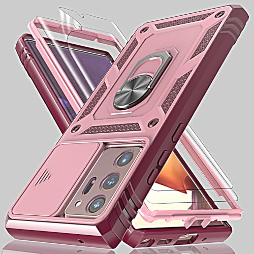 for Galaxy Note 20 Ultra Case with Camera Cover Slider, 2*Screen Protectors,Build in 360° Rotating Ring Kickstand, Military Grade Protective Case for Samsung Galaxy Note 20 Ultra 6.9'-Wine Red/Pink