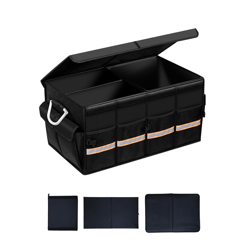 slrongpowlr Car Trunk Organizer And Storage, Black Sturdy Foldable Oxford Cloth Premium Adjustable Multi Compartments Collapsible Trunk Organizer For SUV With Lid