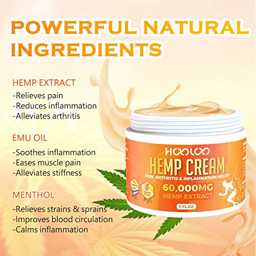 Hemp Cream, HOOLOO 60,000 Natural Hemp Extract Cream, Fast Relief, Muscle, Joint, Lower Back, Knees, Fingers, Nerves, Made in USA, 5oz - Image 5