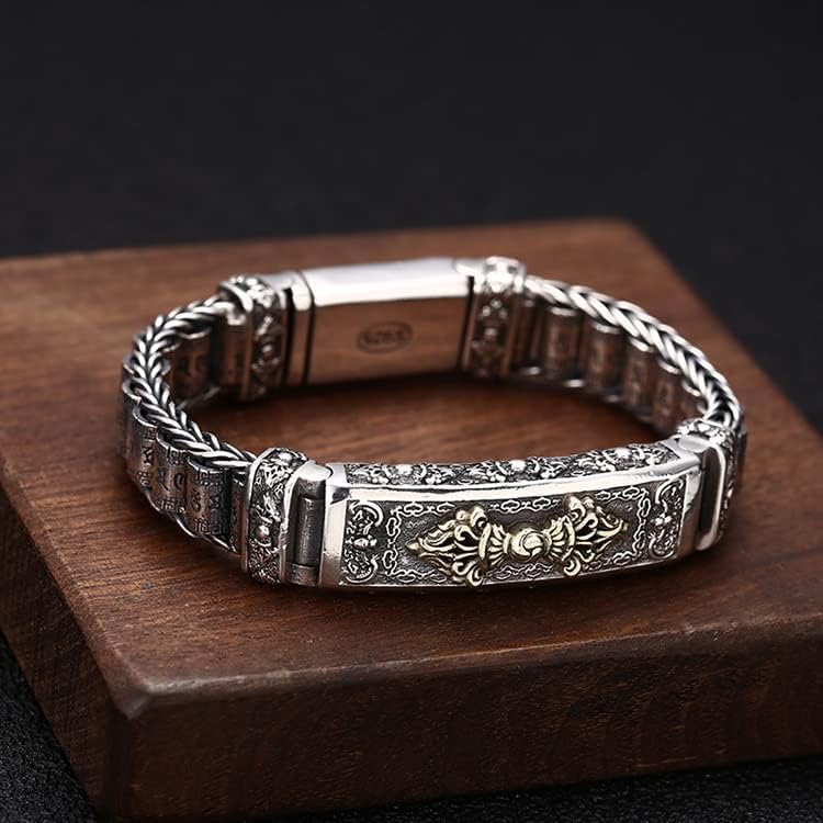 LYGBAOFUL Bracciale Rigido in Argento Sterling, Bracciale retrò, Bracciale Mantra Rotante a Sei Caratteri S925, Bracciale Religioso Uomo Donna, pestello Vajra+Ruota di Preghiera, Regalo di Gioielli