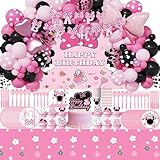 288 PCS Pink Mouse Birthday Decorations Serves 20 Guests Mouse Theme Party Decorations Include Balloons, Tablecloth, Backdrop, Cake Topper, Paper Plates and More Party Supplies for Girls