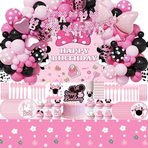 288 PCS Pink Mouse Birthday Decorations Serves 20 Guests Mouse Theme Party Decorations Include Balloons, Tablecloth, Backdrop, Cake Topper, Paper Plates and More Party Supplies for Girls