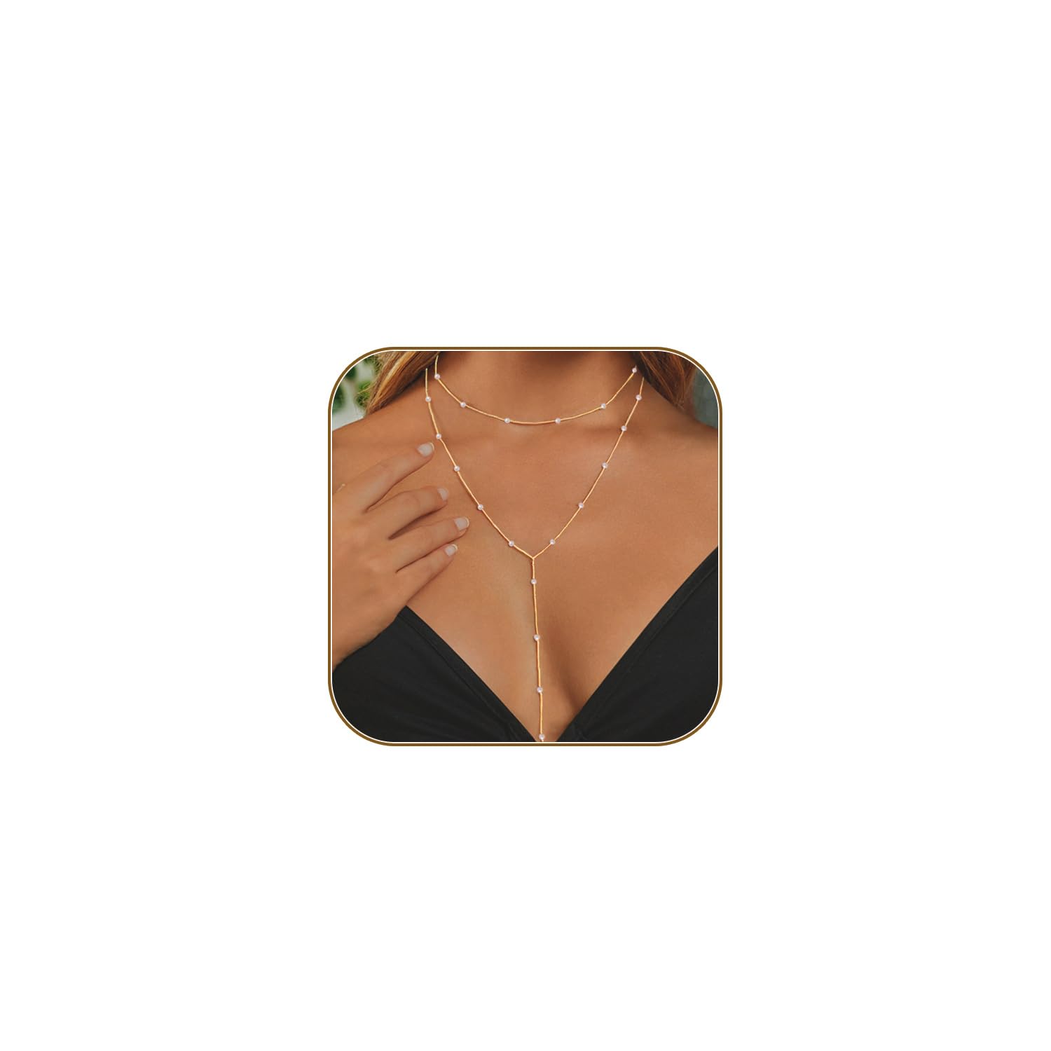 HERIER Lariat Gold Necklace for Women, Dainty Long Necklace 14k Gold Plated/Silver Y-Shaped Layered Beaded Chain Drop Necklaces for Women Trendy Simple Gold Jewelry for Women Gifts