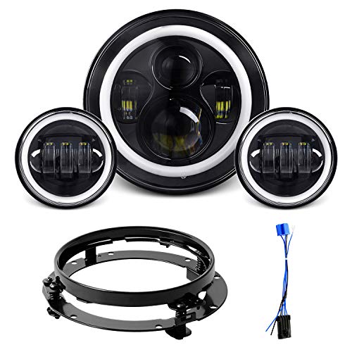 7' LED Headlight for Motorcycle, AAIWA Halo LED Headlight with 4-1/2 Passing Light Fog Lights and Bracket Mounting Ring for Road King, Road Glide, Street Glide and Electra Glide, Ultra Limited