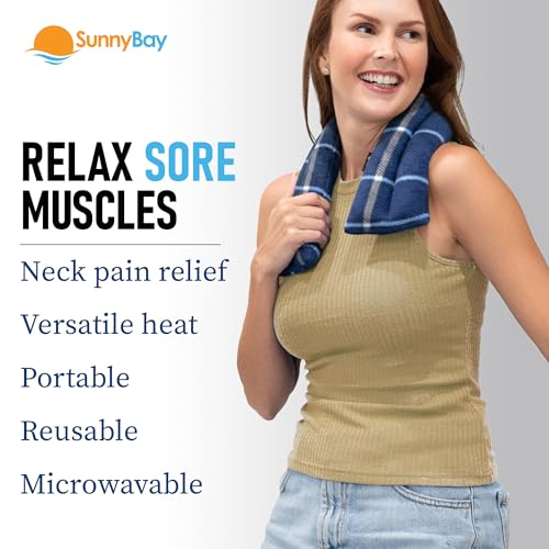 Image of SunnyBay Microwavable Heating Pad for Neck and Shoulder, Heated Neck Wrap, Microwave Heat Pad, Weighted Beanbag Moist Hot or Cold Compress, 2.2 lbs, 26x4 Inches, Ocean Blue
