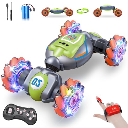 Remote Control Car for Boys Girls,Gesture Rc Stunt Car for 4-7 8-12 5 6 9 10 11 13 Year Old Boys Birthday Gifts,2.4 GHz 4WD 360° Rotatin Sensing Toys for Kids with Light and Music-Green Medium
