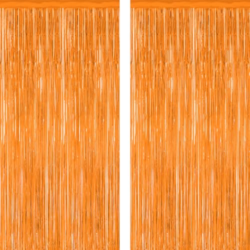 2 Pack Backdrop Curtains, 3.28 FT x 7.05 FT Orange Color Tinsel Backdrop, Metallic Party Streamer Fringe Curtains, Foil Curtains Halloween Decor Birthday Party Supplies