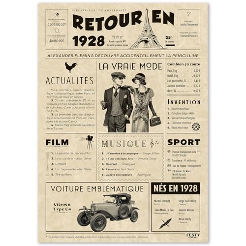 FestySpark Cadeau Original Retour en 1928 - Idée Cadeau 98 Ans femme et homme - Carte Anniversaire 98 ans femme et homme - Decoration Anniversaire 98 ans - Carte d’Anniversaire avec Félicitations