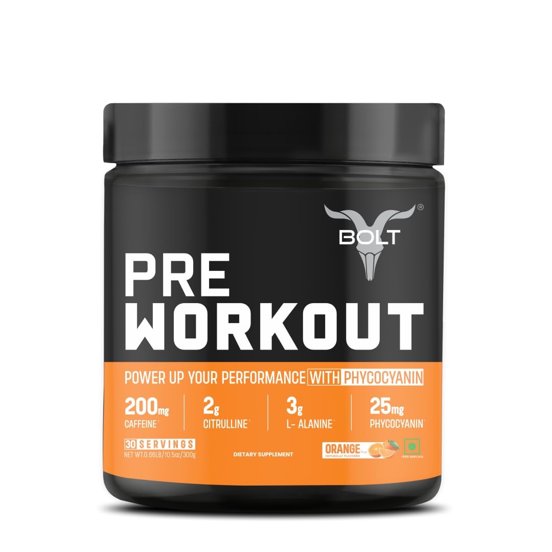 Bolt Pre Workout Supplement | 300 grams,30 Servings |With Caffeine Powder, Citrulline Malate, B-Alanine, Taurine For Explosive Energy, Pump & Focus | Orange Tangy