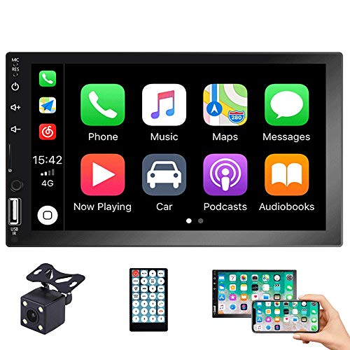 EKAT Double Din Car Stereo with Touch Screen Bluetooth, in-Dash Car Audio Receiver Support Mirror Link for Android/iOS Phone, Handsfree USB/AUX-in/RCA/SD Card + 4LED Backup Camera